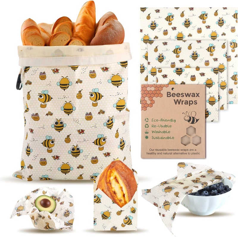 Vakeen 1 Large Beeswax Bread Bags for Homemade Bread Sourdough & 3 Beeswax Wraps, Easy to Clean Reusable Beeswax Breads Bags for Sourdough, 17 X 13 Inch Charming Honeybee Pattern Food Storage Bag - Image 1